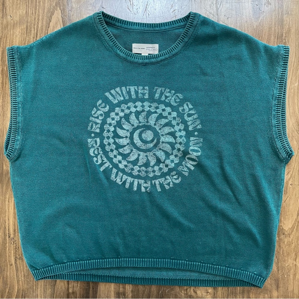 Anthropologie Teal Sleeveless Knit Top with Sun Graphic